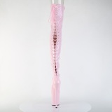 Kiiltonahka 20 cm FLAMINGO-3850 Vaaleanpunaiset nauhalliset ylipolvensaappaat